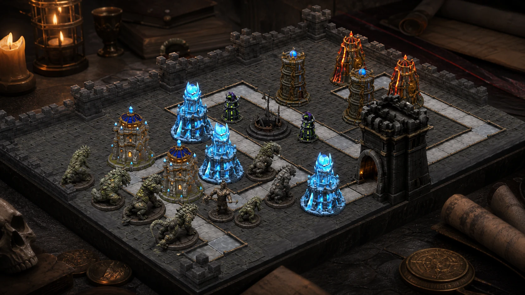 Miniature beasts advancing between elemental towers on the citadel board
