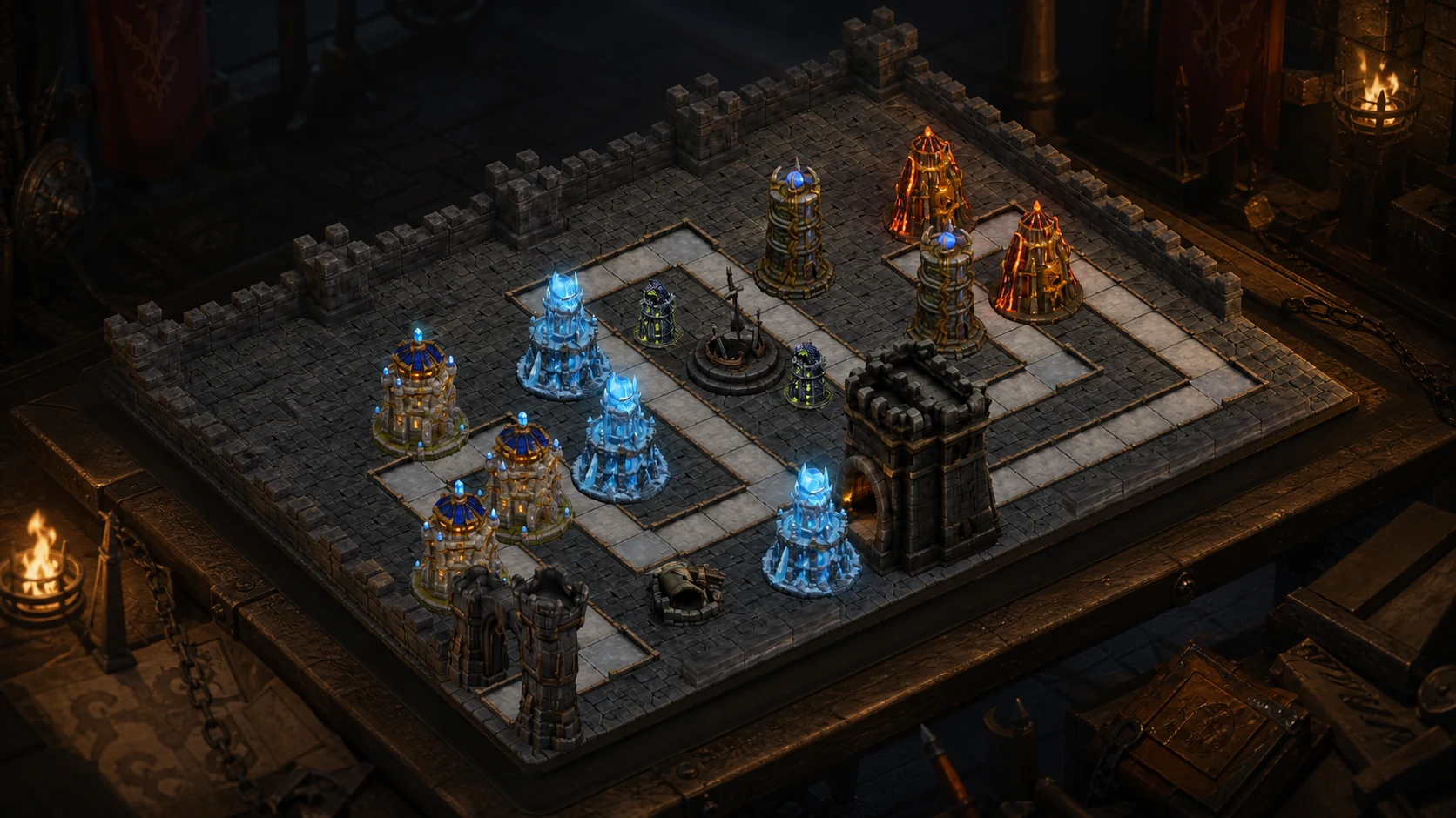 A miniature dark-stone citadel board protected by frost, mortar, venom, arc, and marksman towers