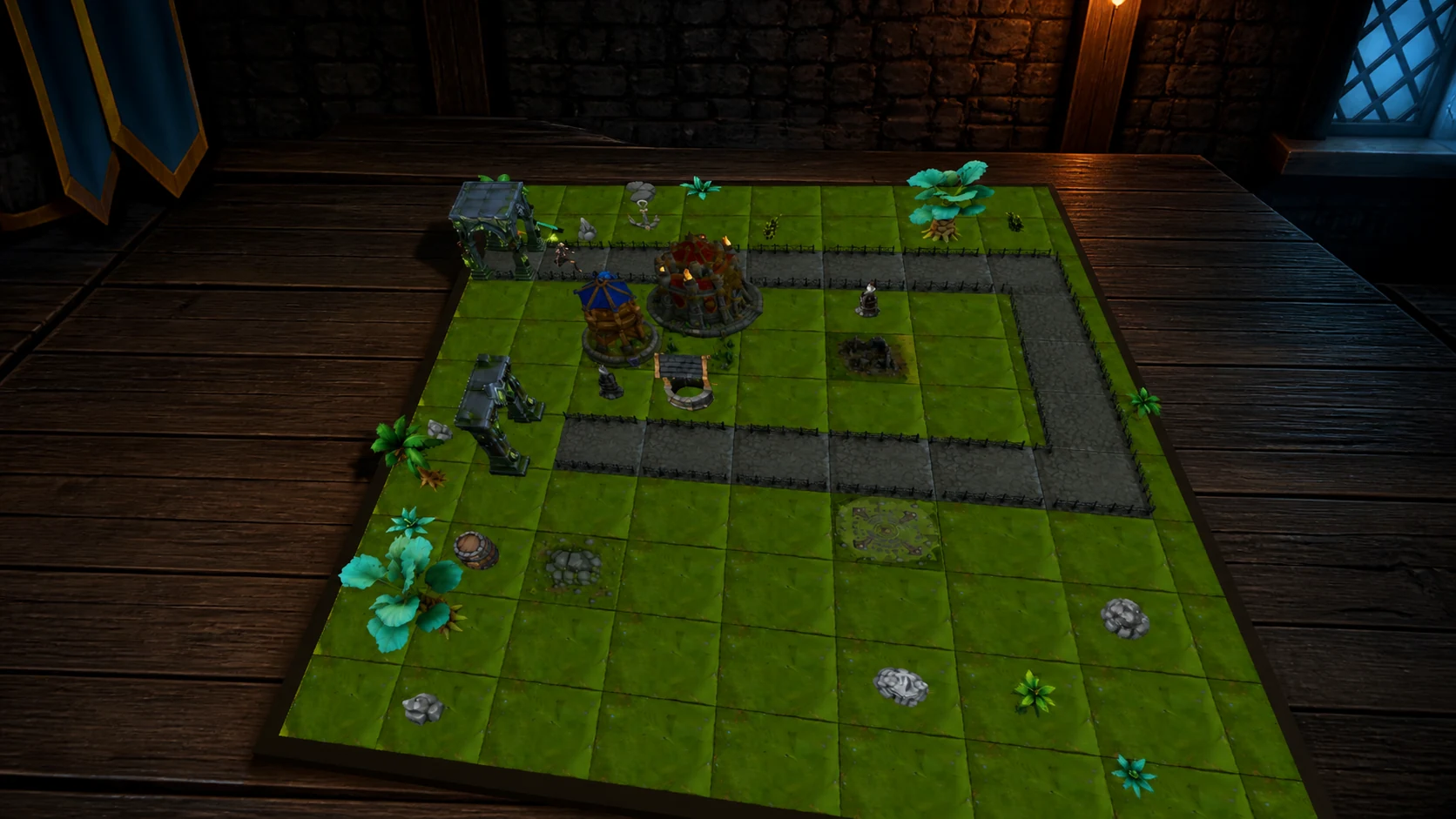 Green tile battlefield placed on a wooden table in a medieval room